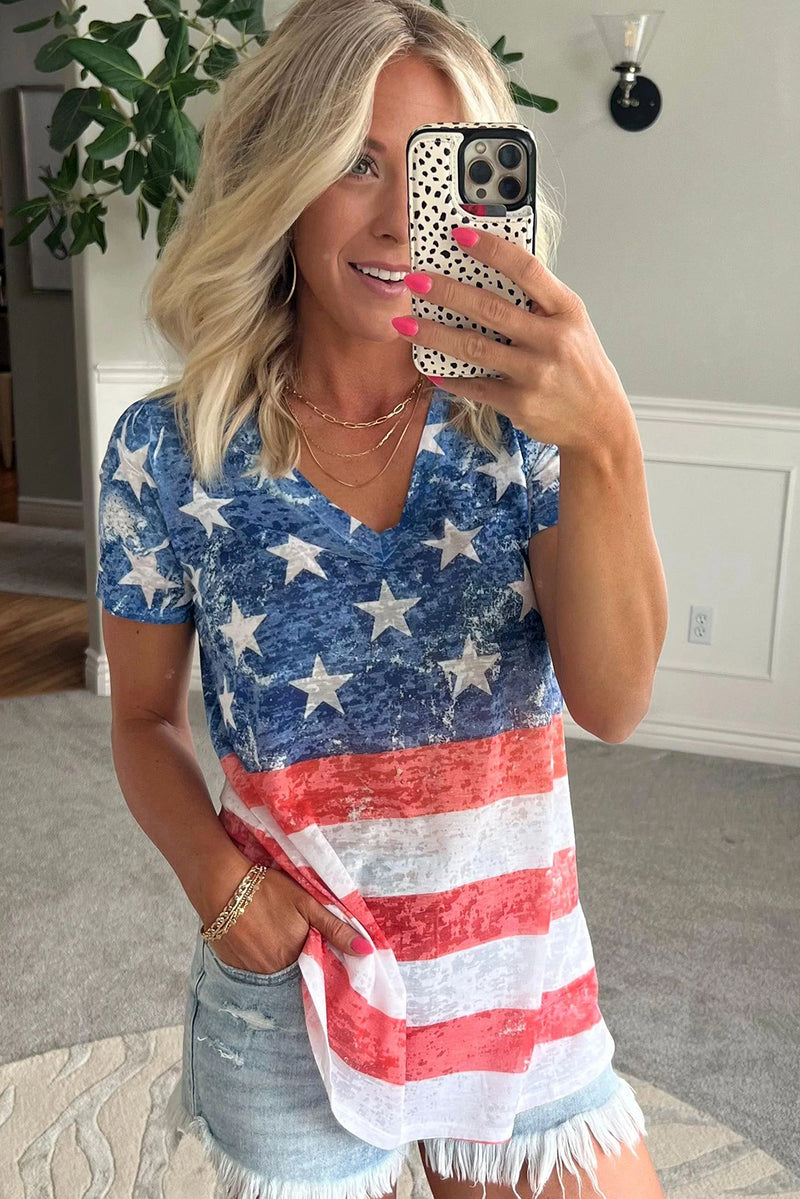Bluing America Flag Print V-Neck T Shirt