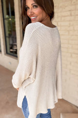 White Waffle Knit Side Slits Loose Fit V Neck Top