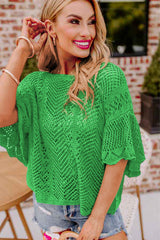 Green Pointelle Knit Scallop Edge Short Sleeve Top