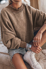 Brown Plain Drop Shoulder Crew Neck Pullover Sweatshirt