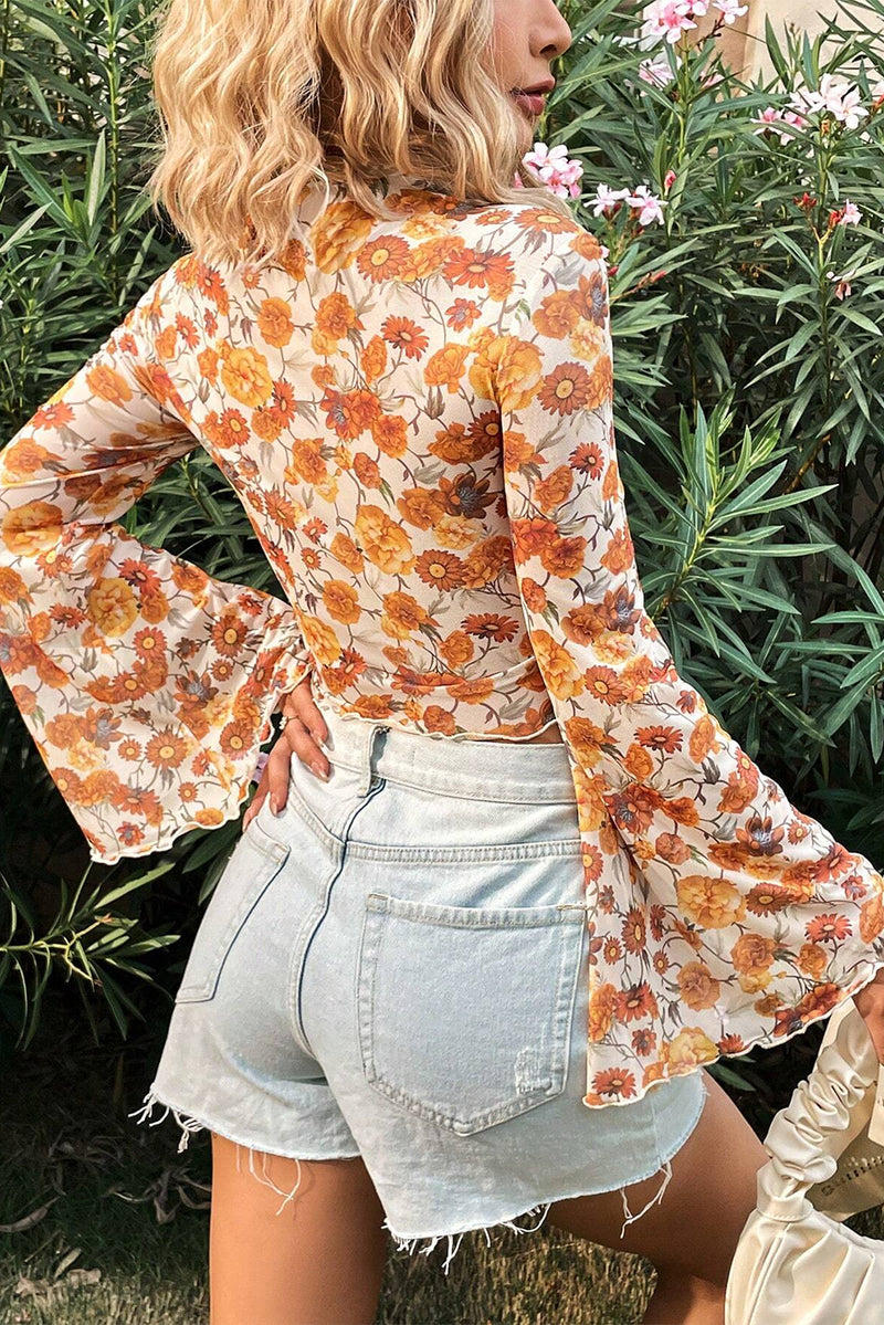 Orange Floral Print Bell Sleeve Mock Neck Scallop Trim Blouse