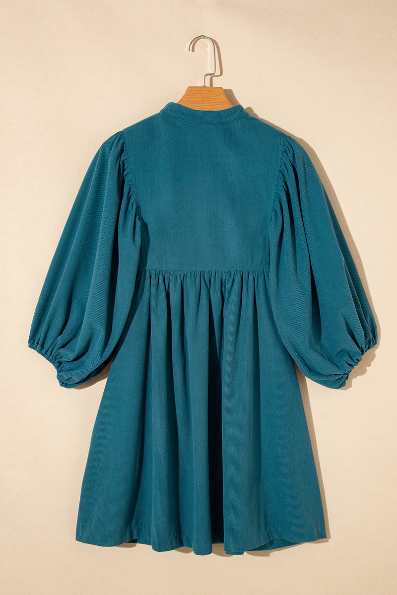 Light Blue Snap Button Empire Waist Lantern Sleeve Corduroy Dress