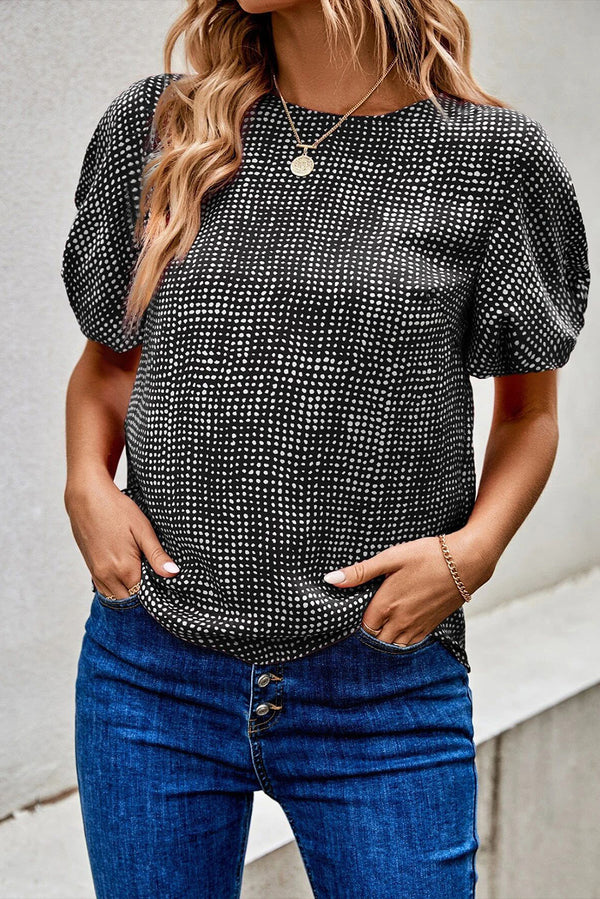 Black Dotted Puff Sleeve Round Neck Blouse