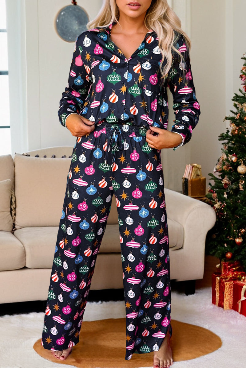 Christmas Lights Print Collared Neck Top and Pants Set