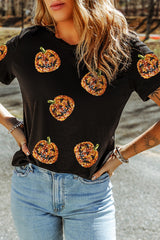 Black Halloween Sequin Pumpkin Face Graphic T Shirt