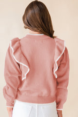 Light Pink Bow Detail Contrast Trim Ruffle Sweater