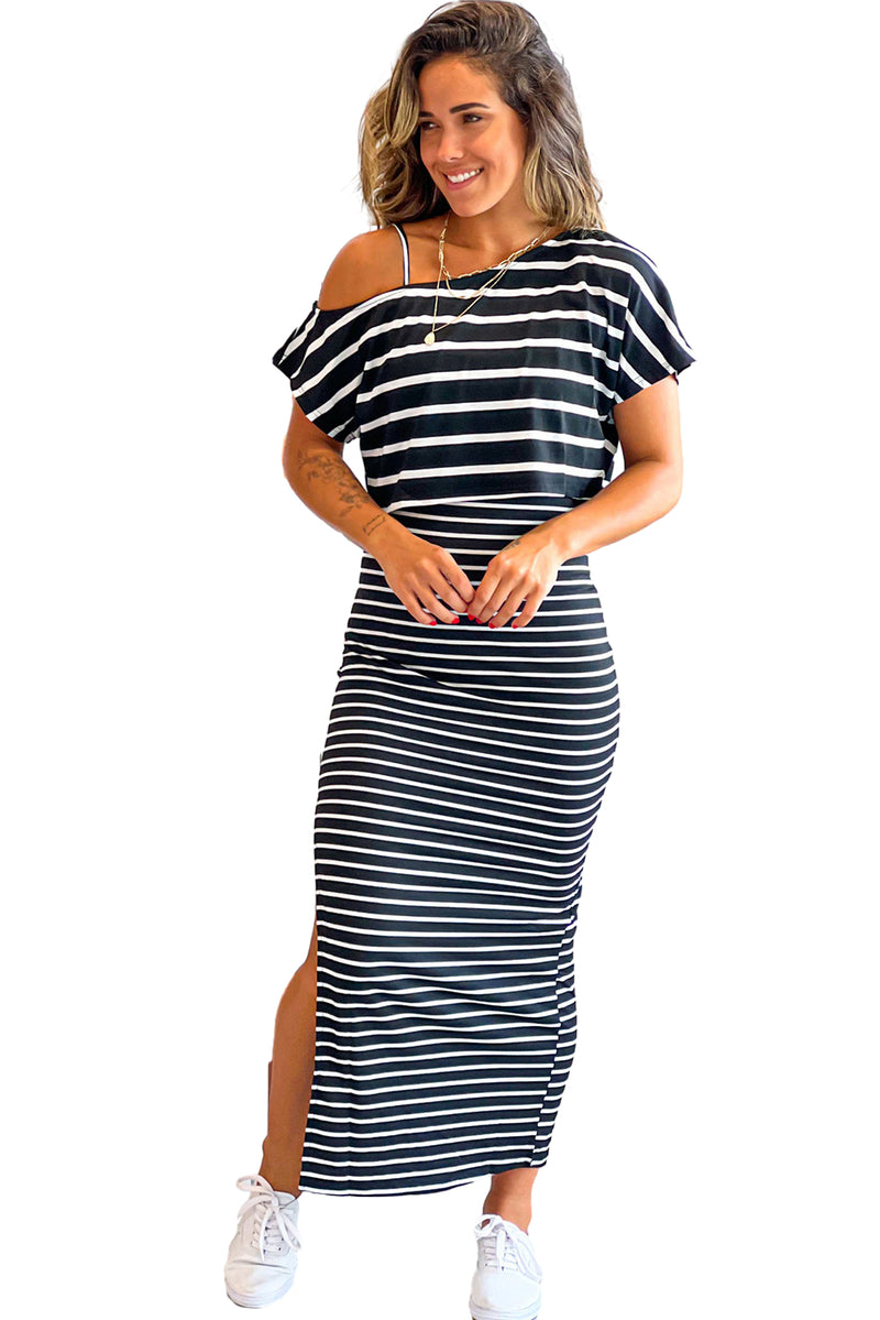 Black Stripe Asymmetric Cold Shoulder Top & Slit Pencil Skirt Set