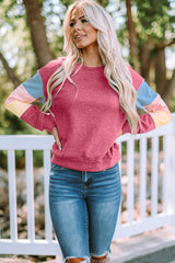 Rosy Color Block Casual Drop Sleeve Sweatshirt