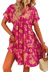 Rose Floral Short Sleeve Surplice Neck Ruffled Mini Dress