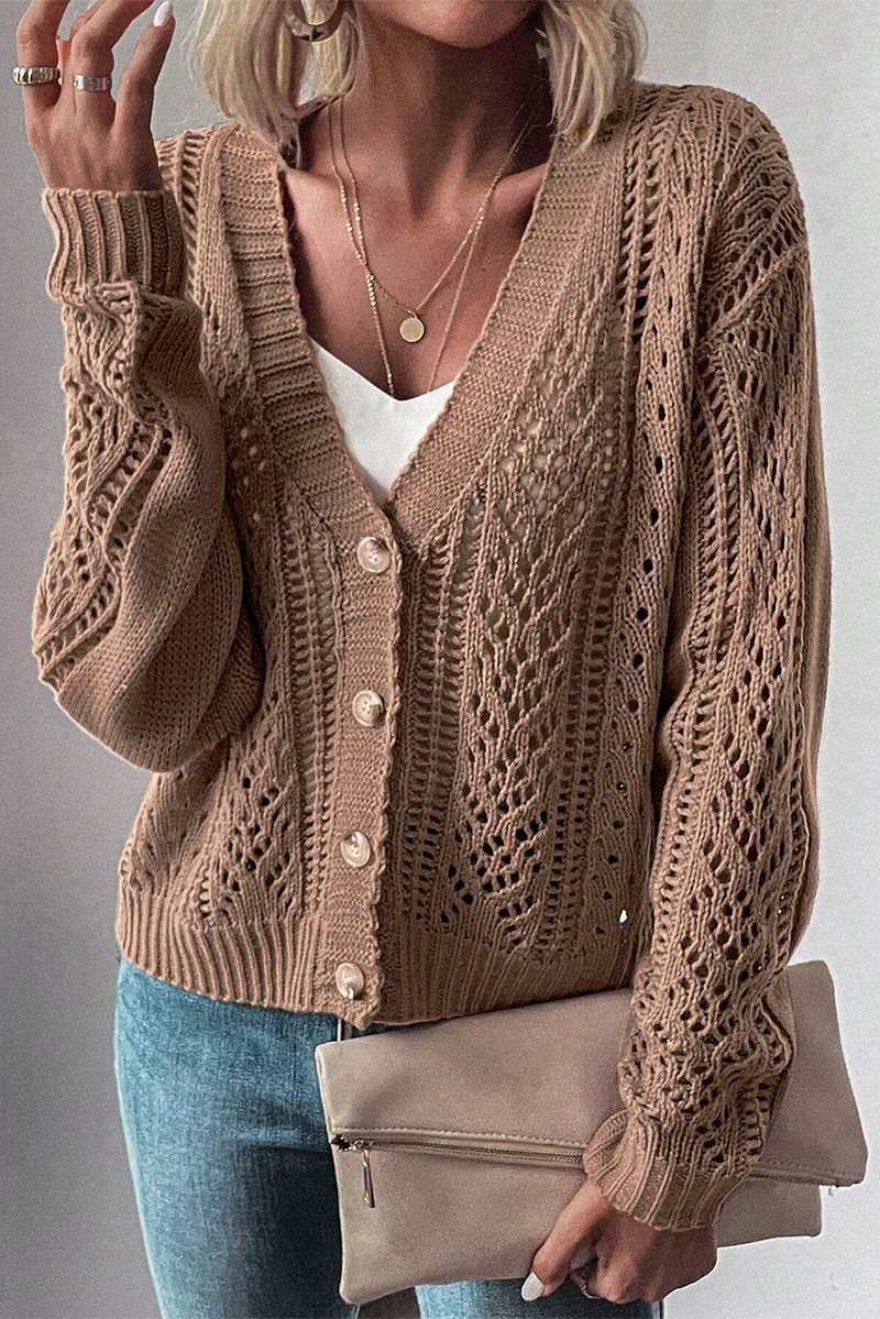 Dark Khaki Hollow Knit Drop Shoulder Cardigan