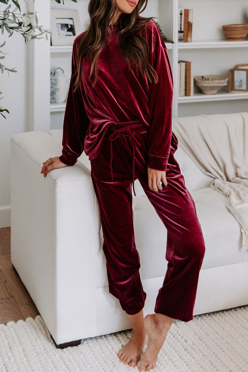 Red Solid Velvet Round Neck Top & Drawstring Pants Longe Set