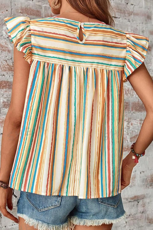 Multicolour Striped Ruffle Sleeve Round Neck Blouse