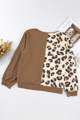 Brown Leopard Print Color Block Waffle Knit V Neck Long Sleeve Top