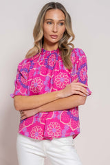 Rose Floral Print Frill Neck Smocked Cuffs Blouse