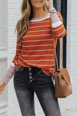 Brown Contrast Spliced Colorblock Cuffed Rib Knit Top