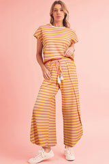 Yellow Stripe Rainbow Tee and Tassel Drawstring Wide Leg Pants Set