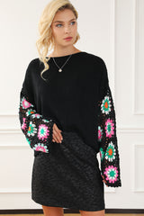 Black Floral Crochet Bell Sleeve Loose Knit Sweater