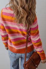 Green Striped Ribbed Edge Round Neck Sweater