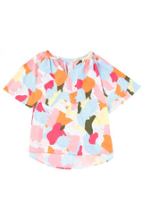 Orange Floral Print V Neck Flutter Sleeve Blouse for Women