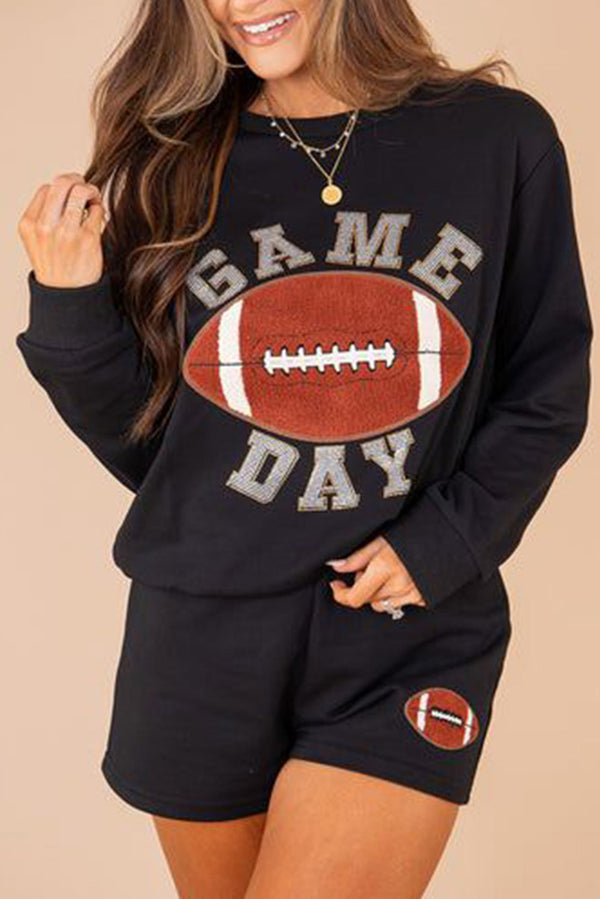 Black GAME DAY Rugby Football Graphic Pullover and Shorts Outfit