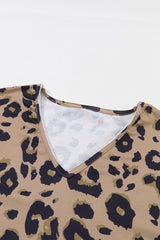 Brown Leopard Split V Neck Long Sleeve Shirt