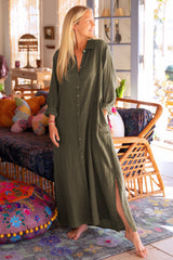 Green Crinkled Pocketed Side Slits Loose Maxi Dress