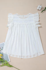 White Ruffled Lace Splicing Flowy Crewneck Sleeveless Shirt