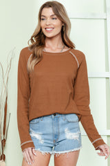 Green Textured Exposed Seam Long Sleeve Top