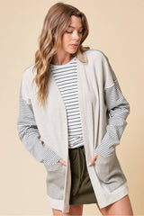 Black Striped Patchwork Pocket Open Front Cardigan