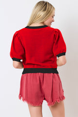 Red Sequin Rugby Color Block Puff Short Sleeve Sweater