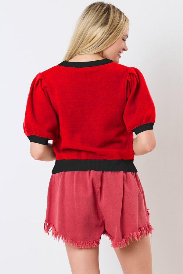 Red Sequin Rugby Color Block Puff Short Sleeve Sweater