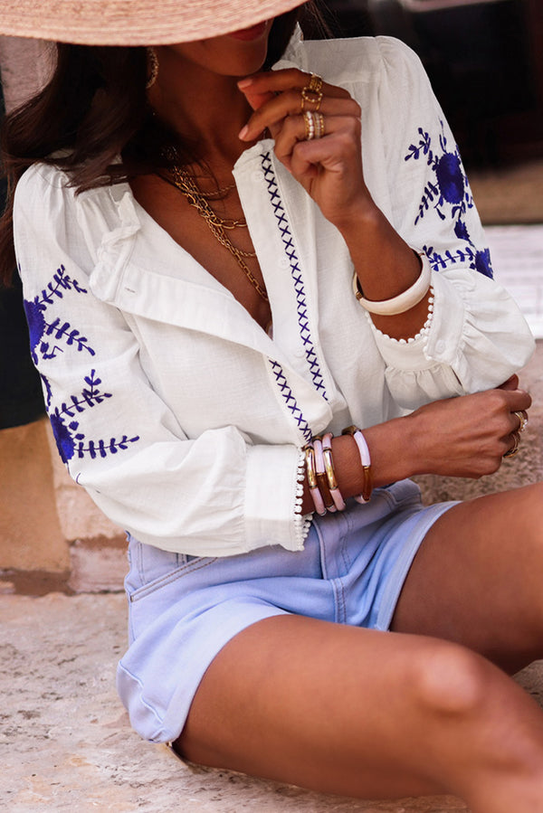 White Floral Embroidered Button Up Boho Blouse