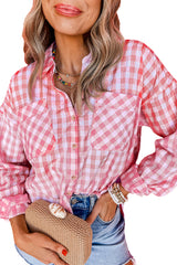 Pink Gingham Print Chest Pockets Buttoned Shirt