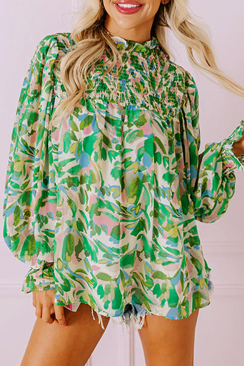 Green Abstract Print Puff Sleeve Frill Neck Shirred Blouse