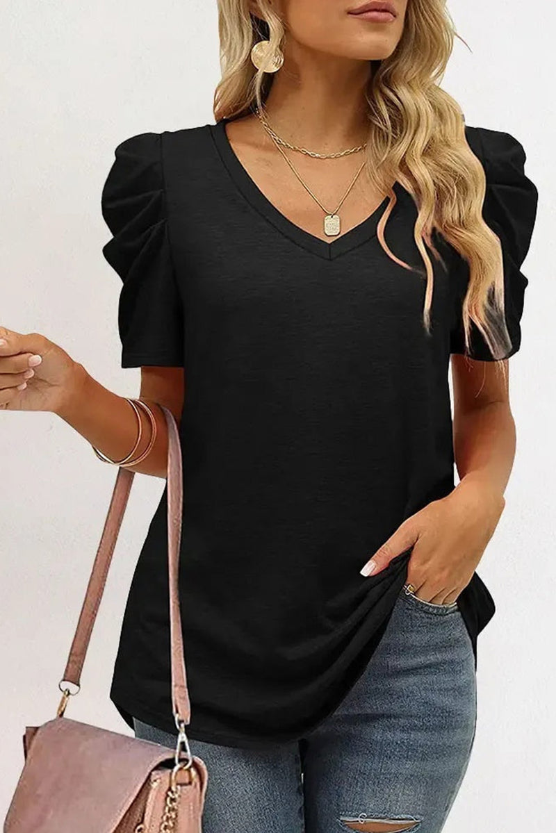 Green Solid Puff Sleeve Casual V Neck T-Shirt