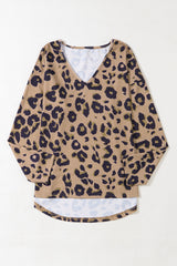 Brown Leopard Split V Neck Long Sleeve Shirt