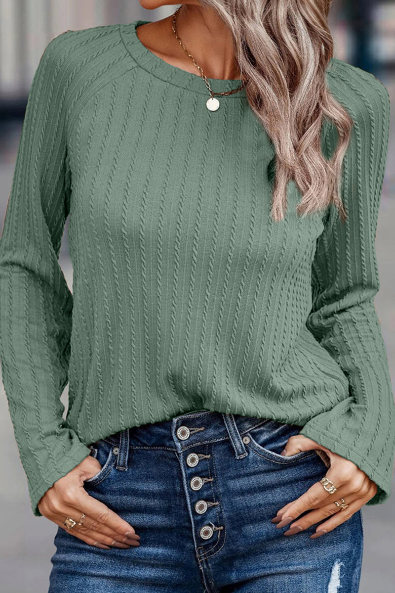 Green Textured Round Neck Knit Long Sleeve Top