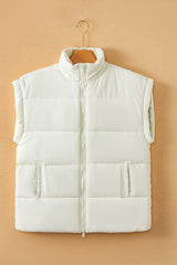 Beige Solid Zipper Stand Neck Oversized Puffer Vest