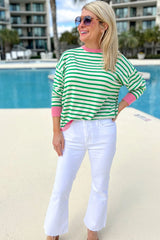 Bright Green Striped Contrast Trim Long Sleeve Top