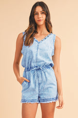 Beau Blue Stud V Neck Sleeveless Raw Hem Denim Romper