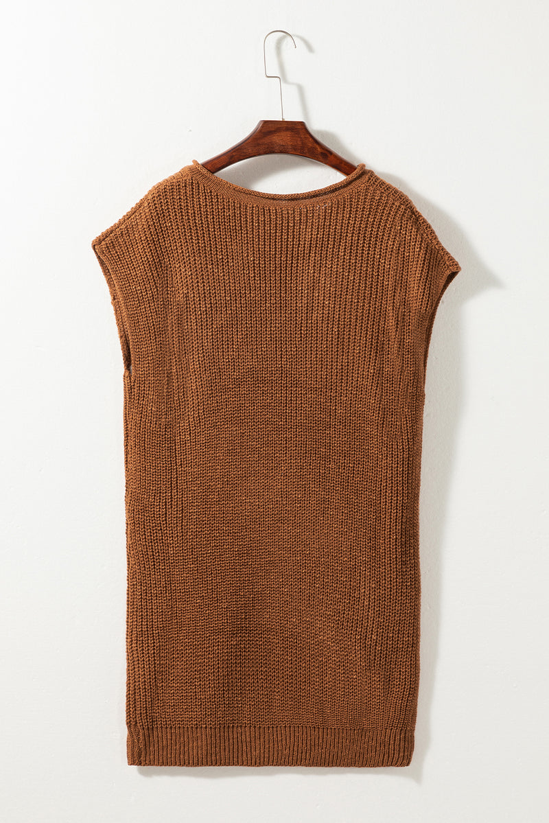 Camel V Neck Loose Fit Mini Knitted Dress