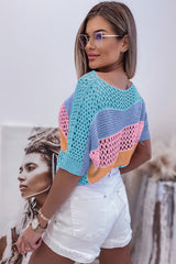 Pink Knitted Eyelet Colorblock Half Sleeves Top