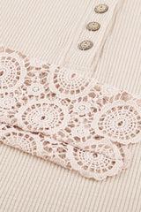 Beige Ribbed Lace Crochet Long Sleeve Henley Shirt for Women