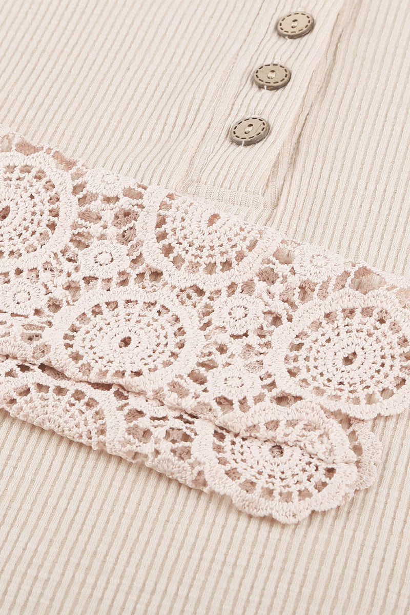 Beige Ribbed Lace Crochet Long Sleeve Henley Shirt for Women