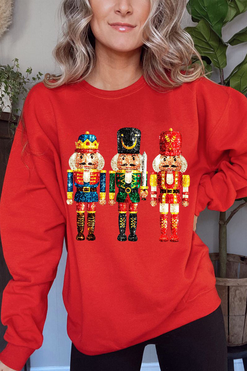 Red Christmas Metallic Nutcracker Graphic Crew Neck Sweatshirt