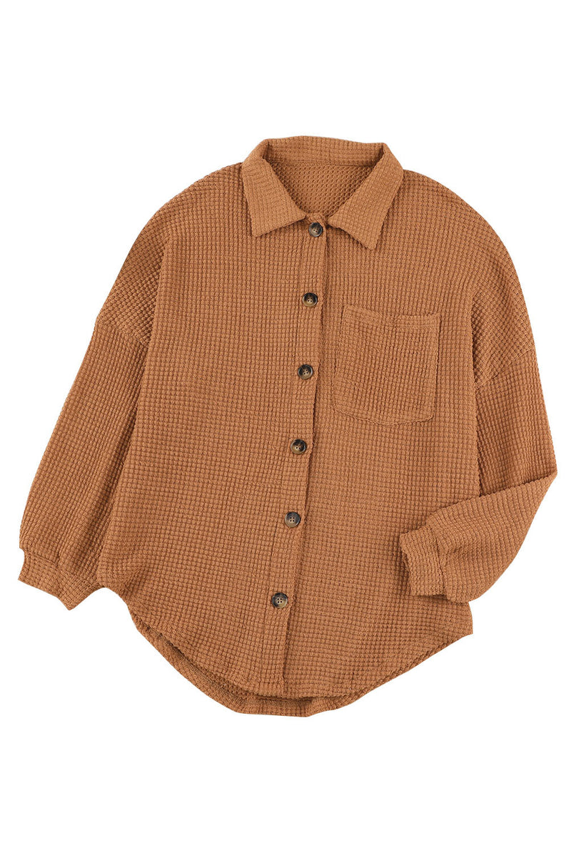 Khaki Pocket Buttons Front Waffle Knit Shacket