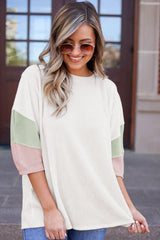 White Ribbed Colorblock Drop Sleeve Top