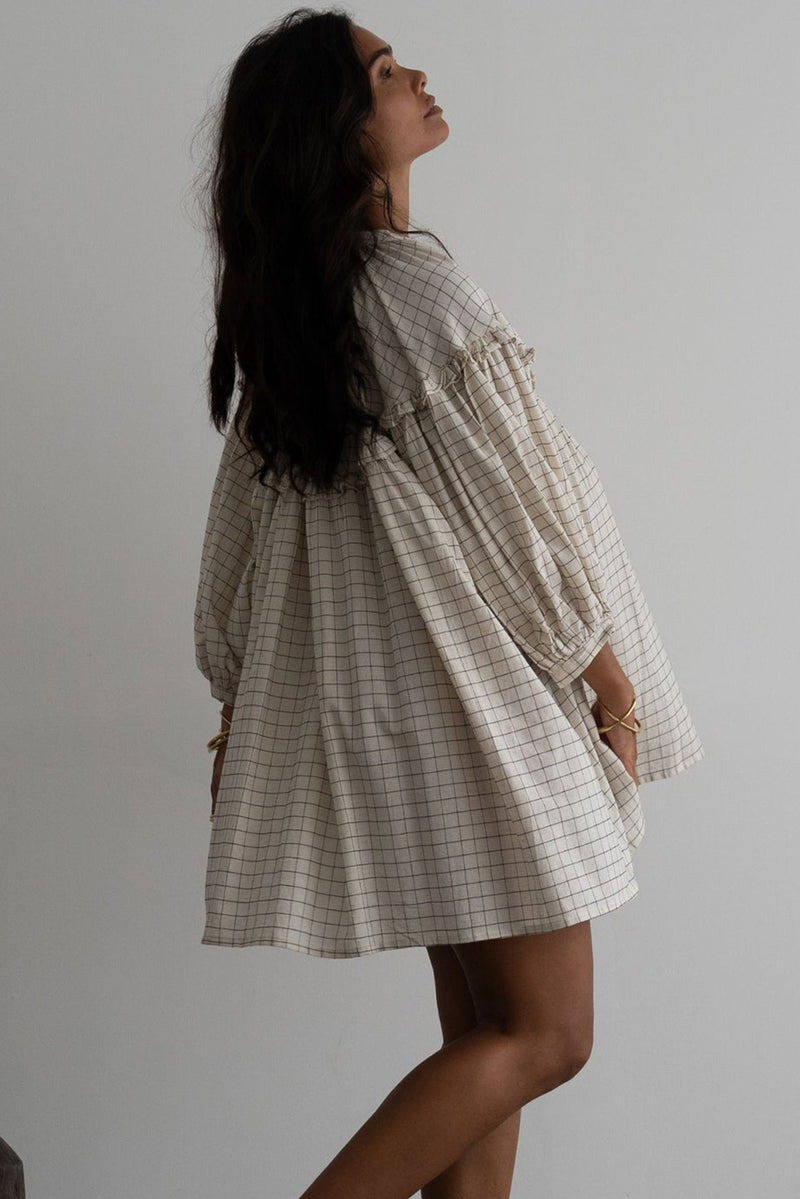 White Plaid Frill Detail Flowy Mini Dress