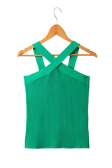 Dark Green Ribbed Criss Cross Halter Neck Sheath Sweater Tank Top