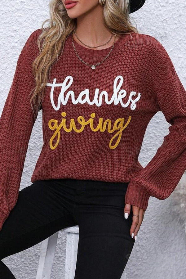 Red Sandalwood Thanksgiving Letter Graphic Crew Neck Sweater